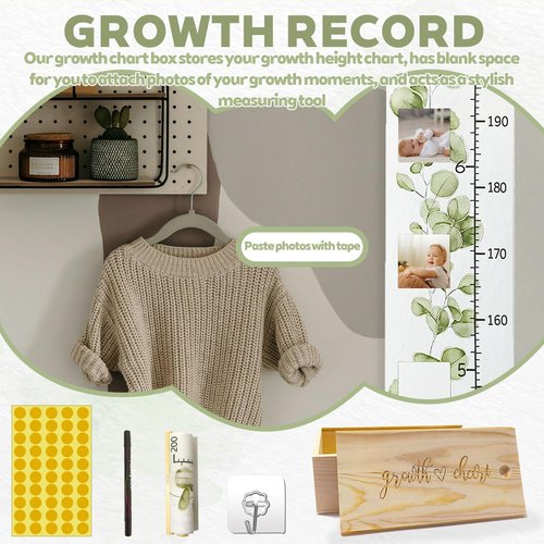 Baby Growth Height Chart with Keepsake Box Hook Pen Set 79 Inches Removable Ruler Measuring Chart Waterproof Canvas Measure Removable Wall Decor for Baby Kids Toddlers