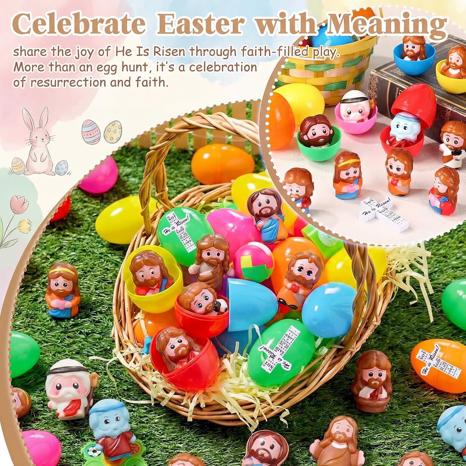 Novabright Easter Egg Set - 36 Colorful Eggs with Jesus Figures & Scripture Stickers for Church Hunts