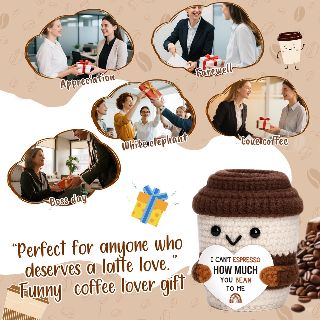 OCCdesign Mini Appreciation Gift for Women Men Wife Husband Moms Dads Teachers Nurses Handmade Crochet Coffee Cup for Coffee Lovers Thank You Gift for Birthday Teachers Day Office Desk Decor