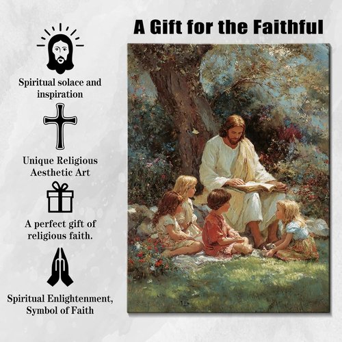 Christian Gifts for Women-Men,Religious Canvas Home Decor for Prayer Room Home Decorations Jesus with the Children Picture Jesus and Children Poster Wall Decor for Living Room Ready To Hang 16x24