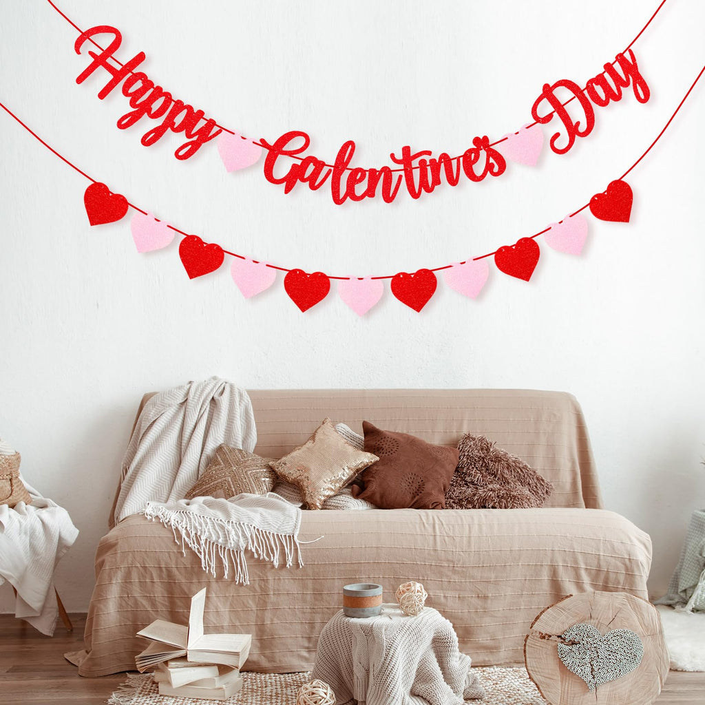 Red Glitter Happy Galentine's Day Banner Happy Galentines Day Decorations With Felt Heart Garland Banner Galentines Day Sign for Ladies Girls Galentines Decor Galentines Day Party Supplies Photo Props