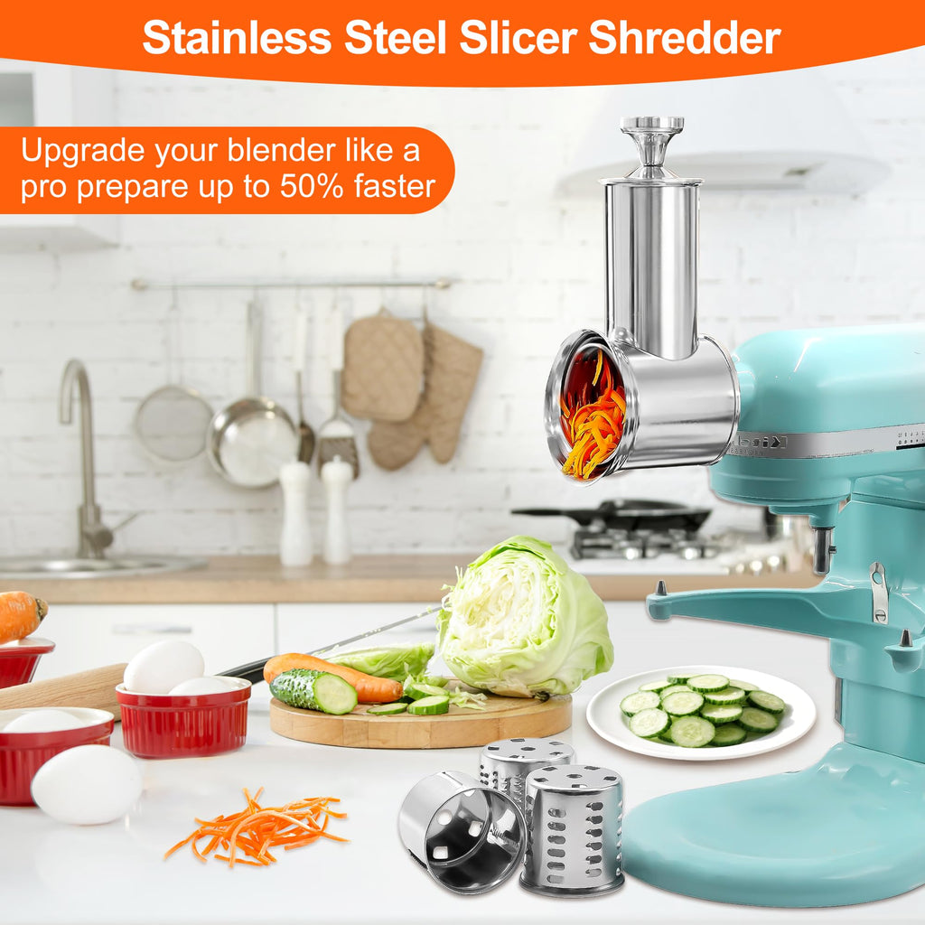 Stainless Steel Slicer Shredder for KitchenAid Mixer Attachment Vegetable & Cheese Grater Attachment with 4 Blades (Fine, Medium, Coarse, Slicer), with Knob, Dishwasher Safe, Durability