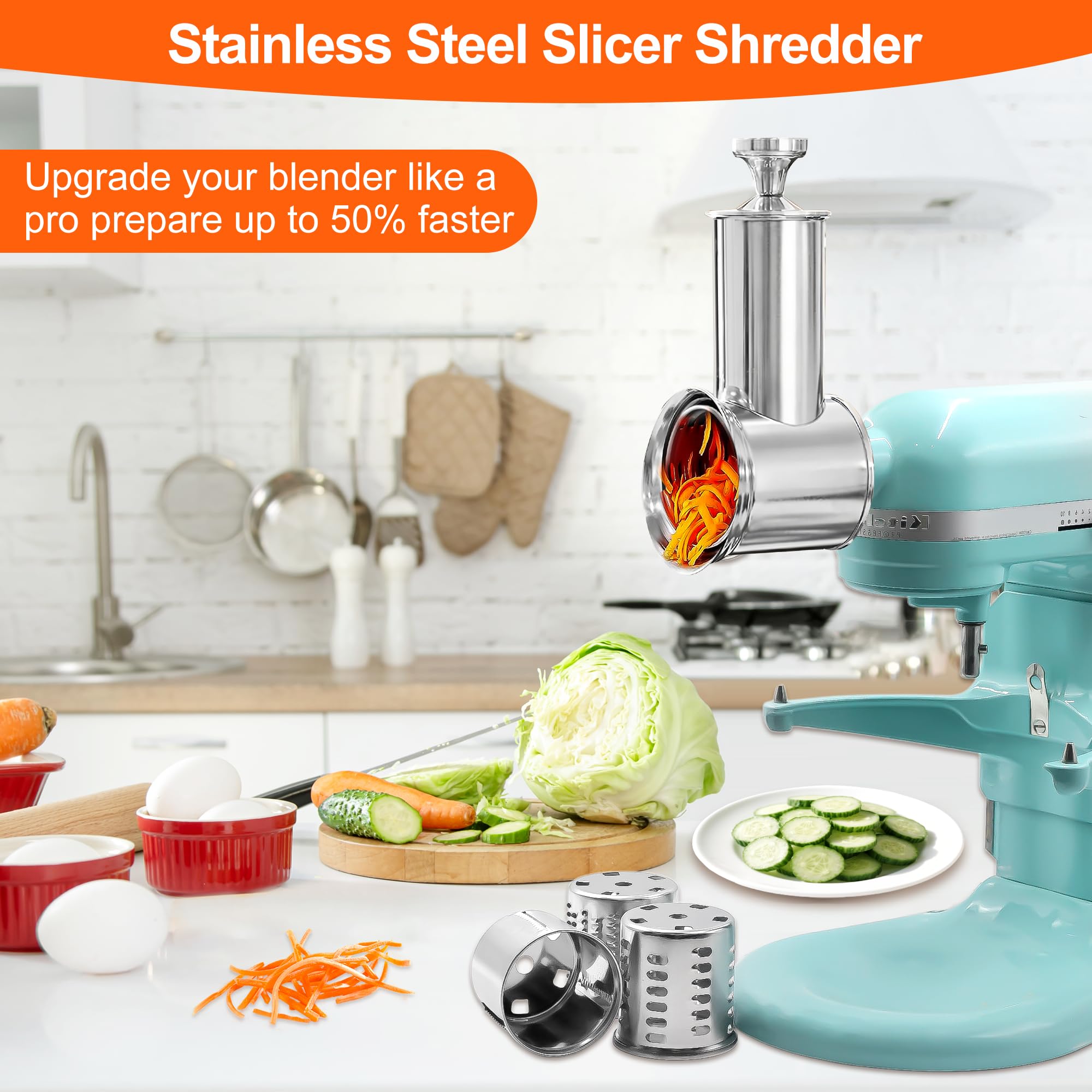 Stainless Steel Slicer Shredder for KitchenAid Mixer Attachment Vegetable & Cheese Grater Attachment with 4 Blades (Fine, Medium, Coarse, Slicer), with Knob, Dishwasher Safe, Durability