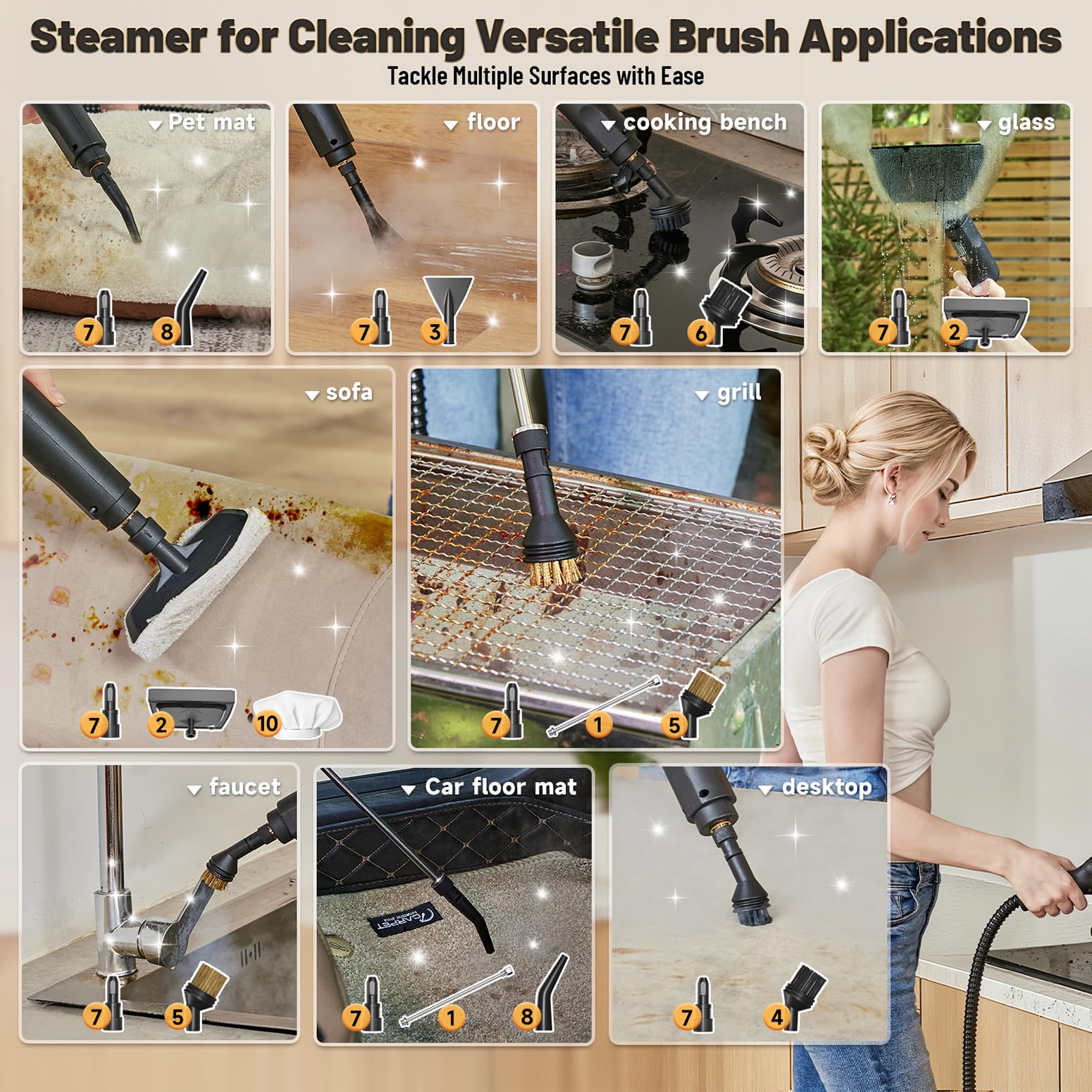 Gautye Steam Cleaner, 3 Level Adjustable Handle, 15s Heat Up, 1.69 Quarts Tank, Portable Steamer for Cleaning with 15 pcs Accessories, Steam Cleaner for Home for Dirt, Grease, Grout, Tile,Floor, Car