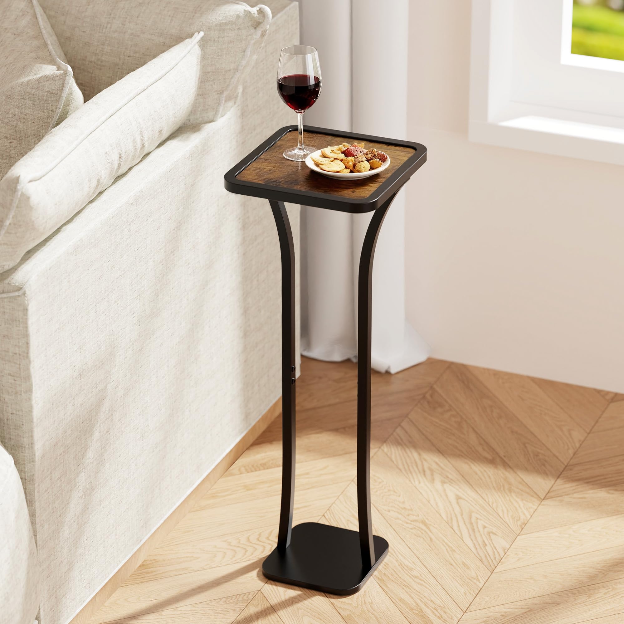 NANAGIFTREE Small Square Side Table, Drink Table with Weighted Base, Solid Wood & Metal Accent Table for Small Spaces, Pedestal End Table for Living Room, Bedroom, Office(Black + Walnut)