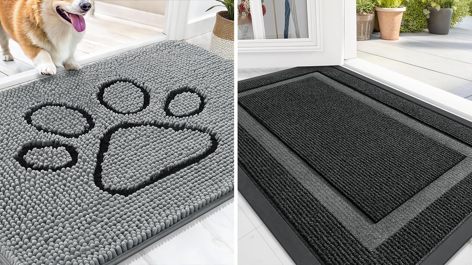 OLANLY Chenille Dog Door Mat - Indoor/Outdoor Entrance Mat Bundle | 30x20 in Grey & 29.5x17 in Black