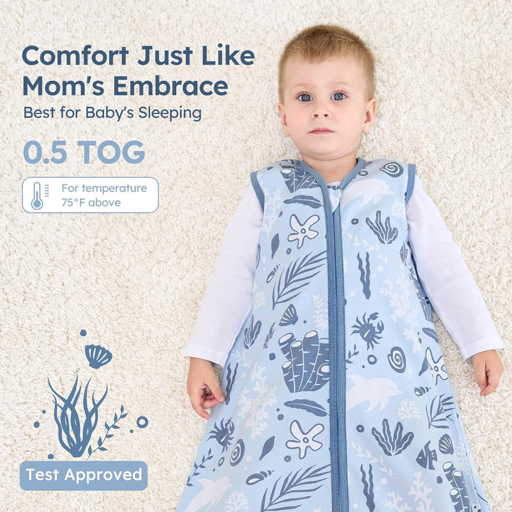 Unnivoll Baby Sleep Sack - 100% Cotton Lightweight Wearable Blanket | 0-6 Months, Blue Dolphin, 0.5 TOG