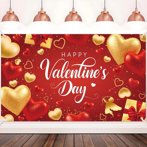 Happy Valentine's Day Backdrop Banner Decorations, Red and Gold Heart Romantic Love Happy Valentine's Day Signs Red Gold Background Valentines Day Anniversary Party Romantic Decor