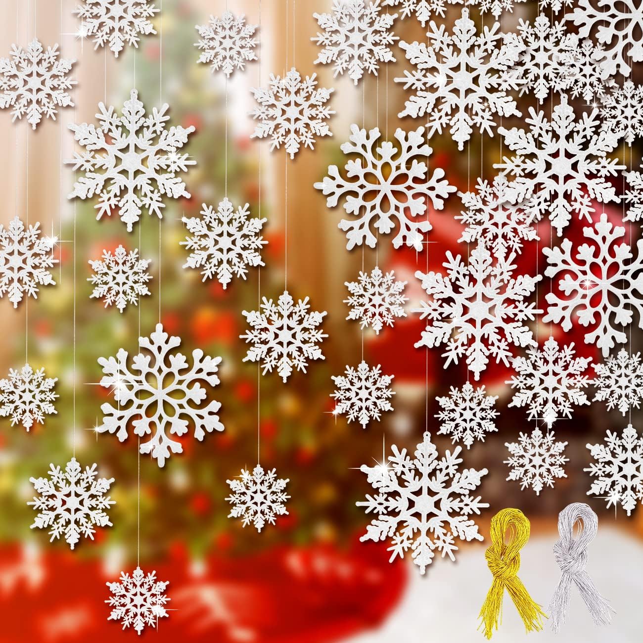 Skiennix 46Pcs Plastic Snowflake Ornaments - Glittery Winter Tree Decorations | White with Silver Rope