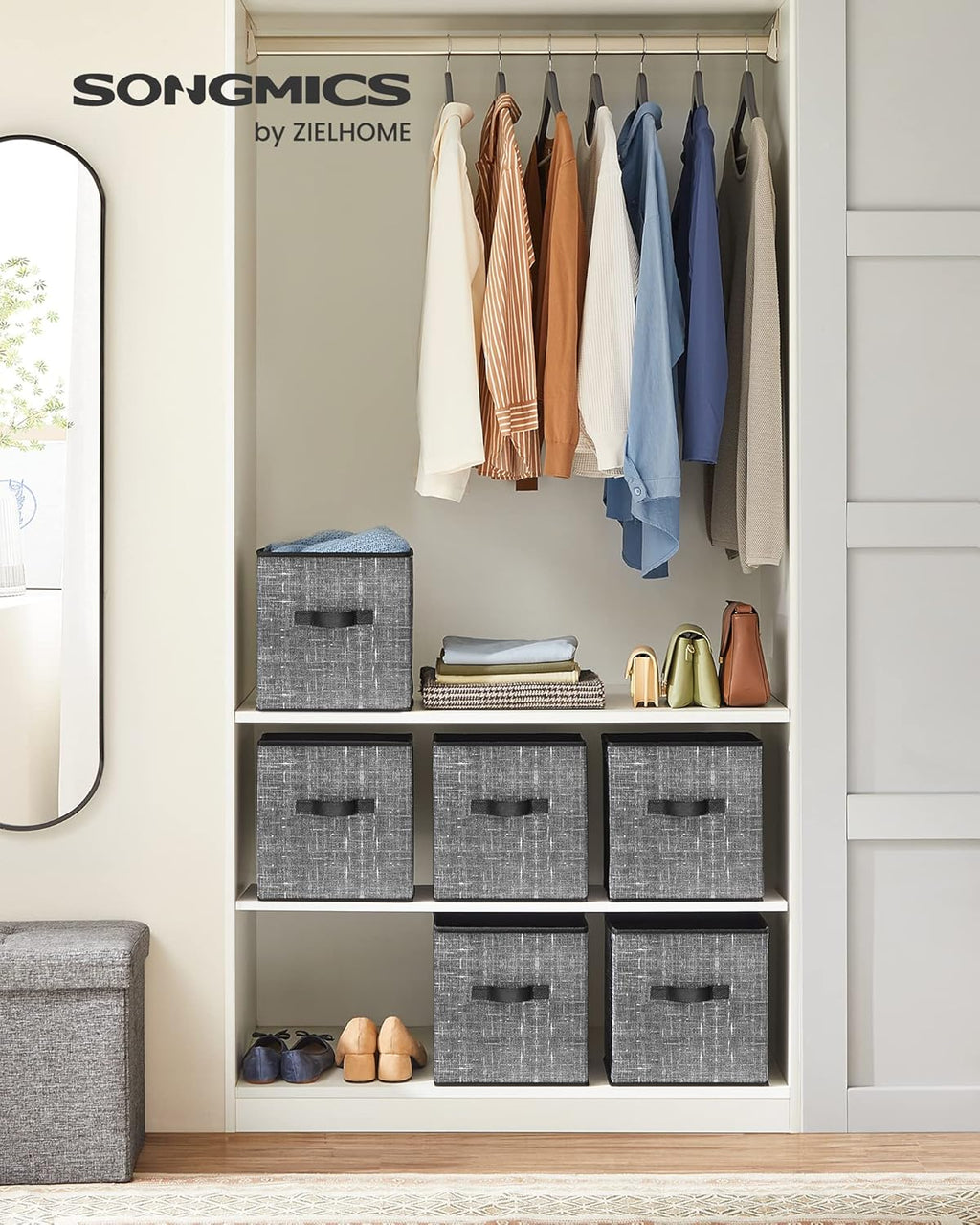 SONGMICS Storage Cubes - 11-Inch Foldable Non-Woven Fabric Bins with Double Handles | Set of 6 in Classic Black for Closet Organization