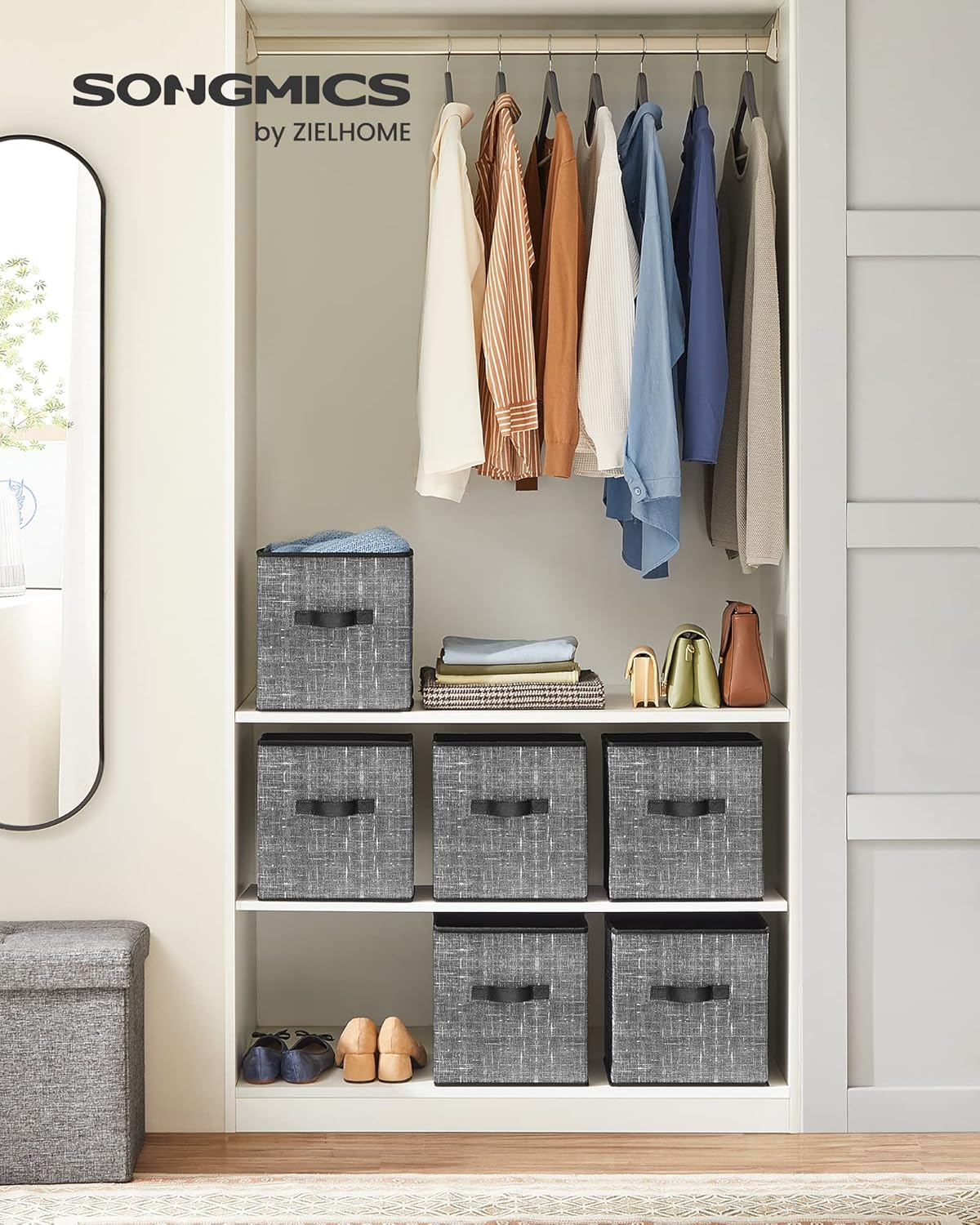 SONGMICS Storage Cubes - 11-Inch Foldable Non-Woven Fabric Bins with Double Handles | Set of 6 in Classic Black for Closet Organization