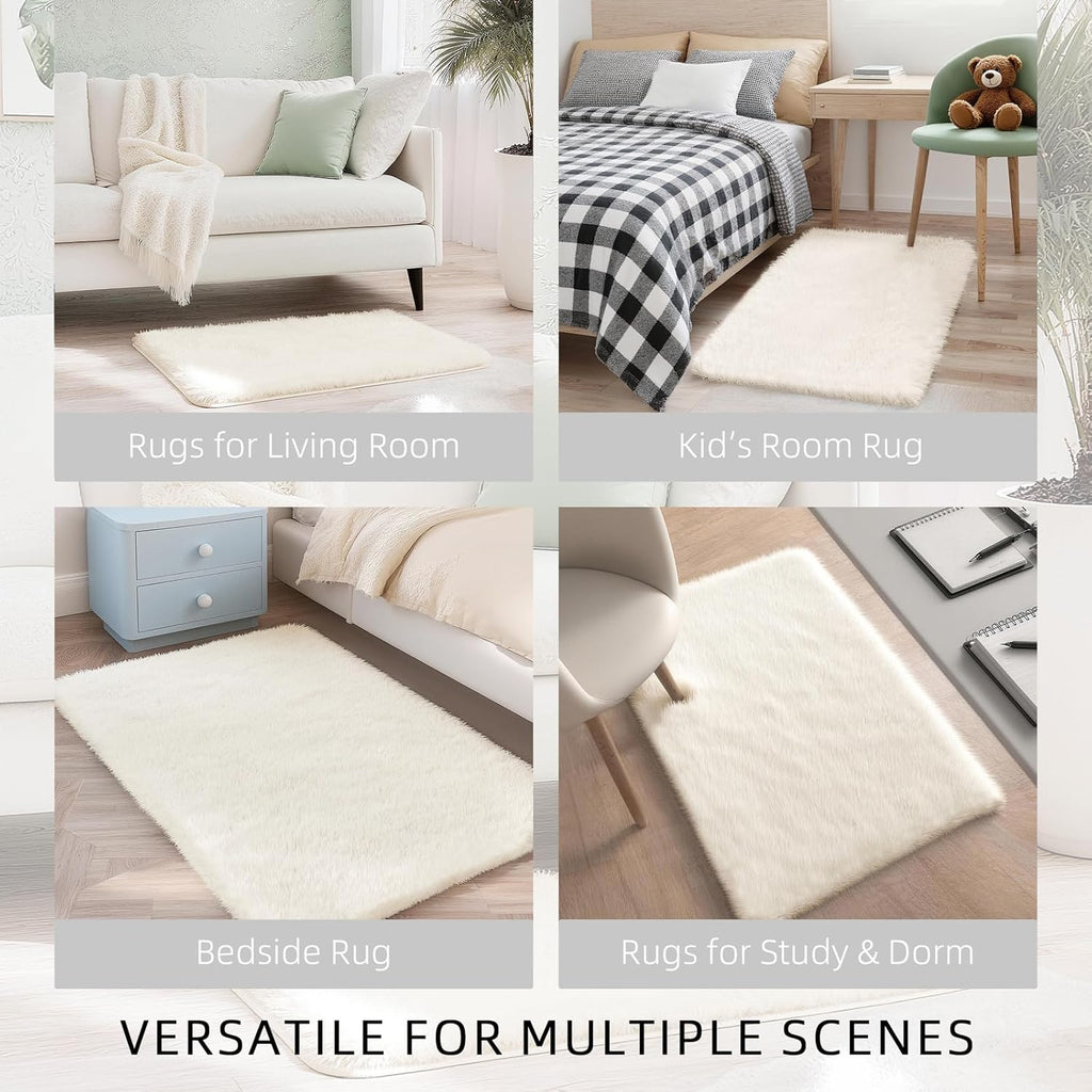 Skiennix Fluffy Cream Area Rug - Ultra Soft Non-Slip 2x3 for Bedroom, Living Room & Office