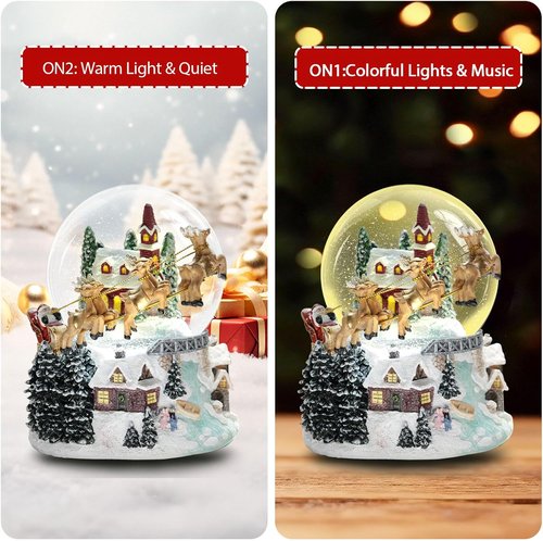 Christmas Snow Globe - 7'' Light-Up Musical Decoration with Santa Sleigh & Reindeer