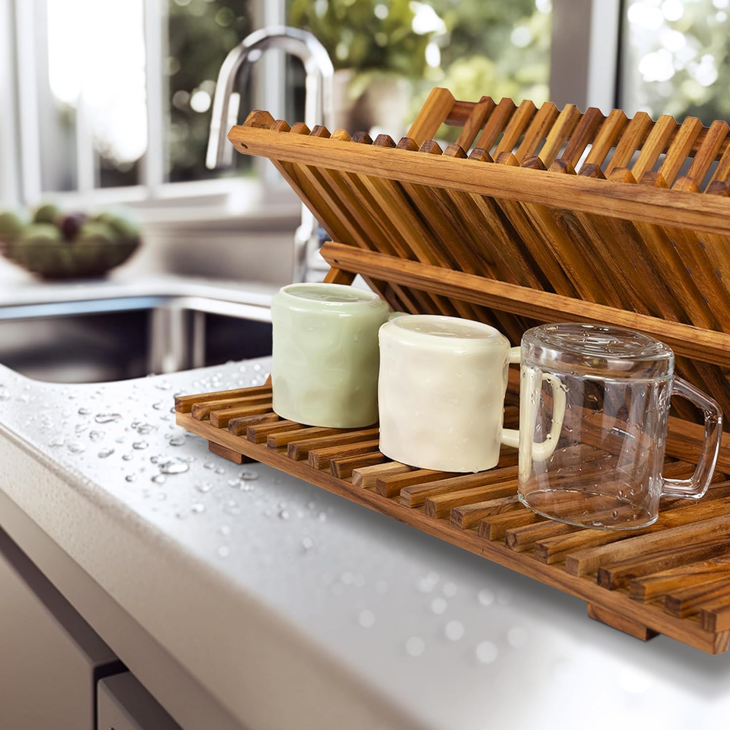 Utoplike Large Teak Dish Drying Rack - 3-Tier Collapsible Wooden Kitchen Organizer for Plates & Cups