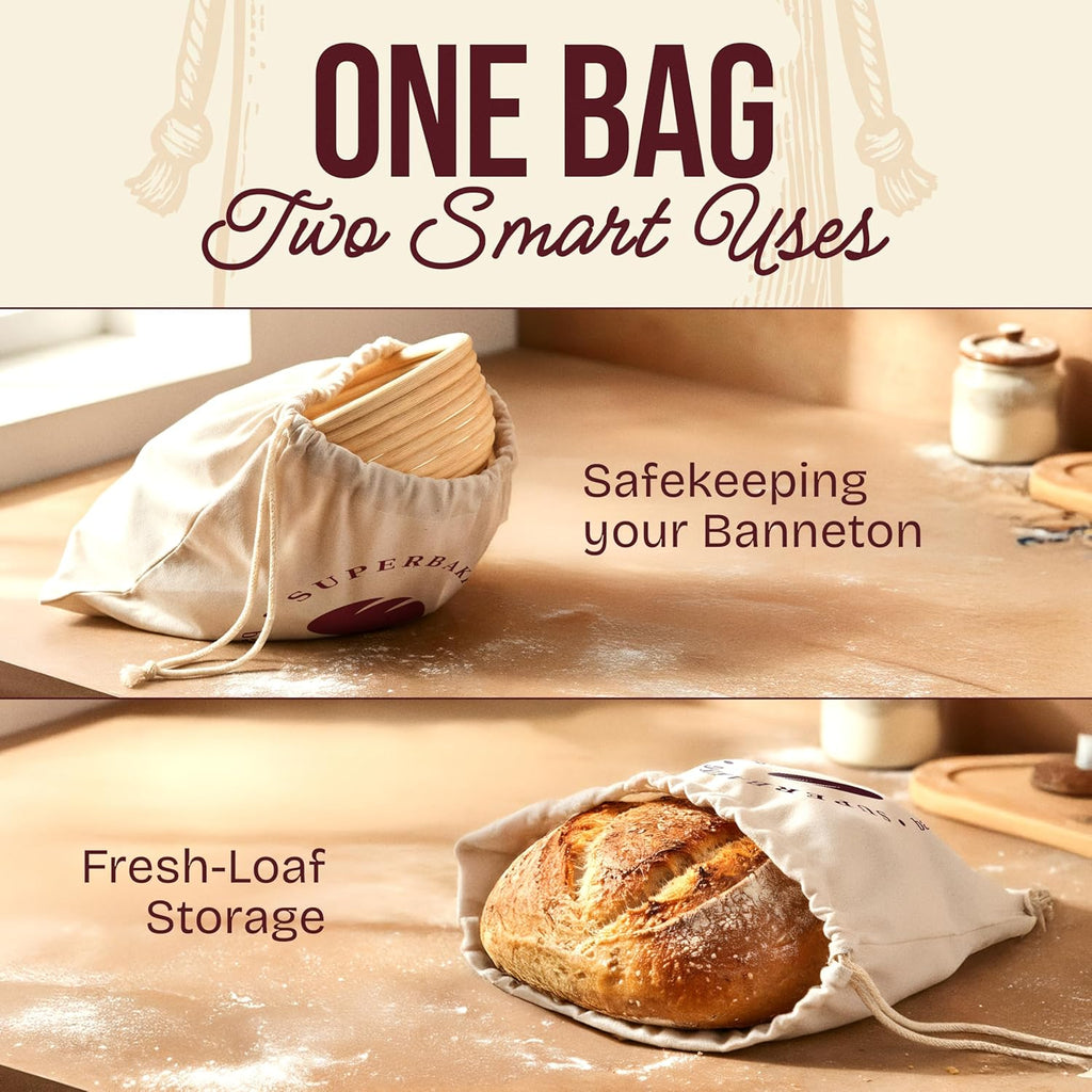Superbaking Banneton Bread Proofing Basket Set - 9" Round Rattan with Liners for Sourdough Baking