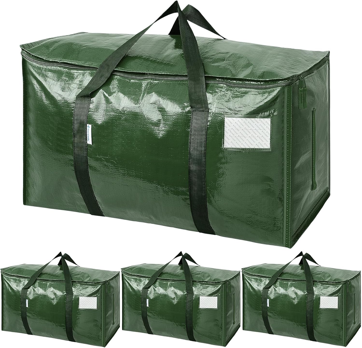 TICONN Extra Large Heavy-Duty Moving Bags - Durable Storage with Zippers & Handles | 4 Pack, Olive