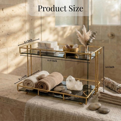 Léazora 2-Tier White Marble Bathroom Countertop Organizer – Glass Shelves & Gold Metal Frame, Elegant Vanity Storage Shelf for Perfume, Skincare, Makeup & Toiletries