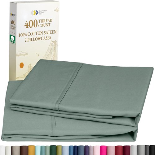 California Design Den King Size Pillowcase Set - 400 Thread Count 100% Cotton Sateen | Soft Sage Green, Set of 2