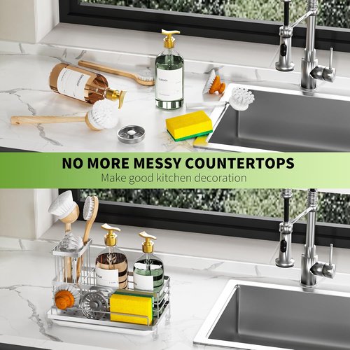 Cisily Stainless Steel Kitchen Sink Caddy - Rustproof Organizer with Non-Slip Soap Dish & Sponge Holder