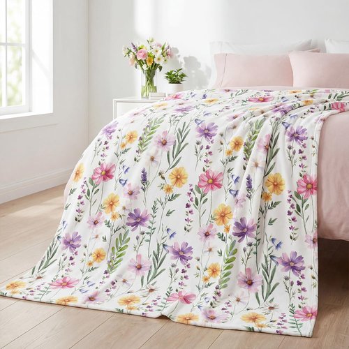 Horaldaily Spring Summer Flannel Blanket Throw, Watercolor Wildflowers Fleece Soft Fuzzy Plush Cozy Fleece Blankets for Couch Sofa Bed Lounging, Ideal Gifts for Kids Adults Self, 50x60