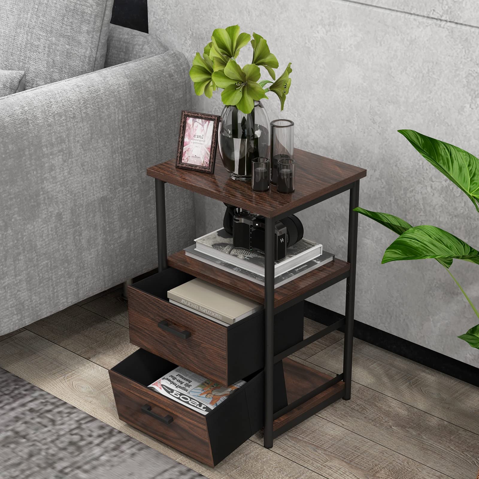 COSTWAY Nightstand with 2 Fabric Drawers, 3-Tier Bedside Sofa Side Table with Open Shelf, Metal Frame, Industrial End Table for Bedroom, Living Room, Dormitory, Walnut