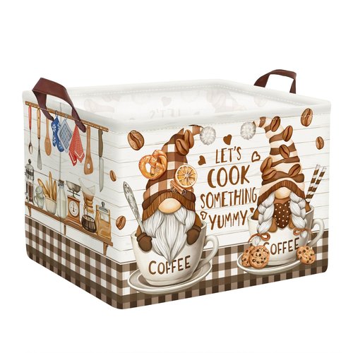 HUUMONSS Kitchen Decor Tools Kid Storage Basket Collapsible Clothes Baby Nursery Hamper Large Book Shelf Basket Boy Girl Toy Box Bin, Gnome Coffee, 36L