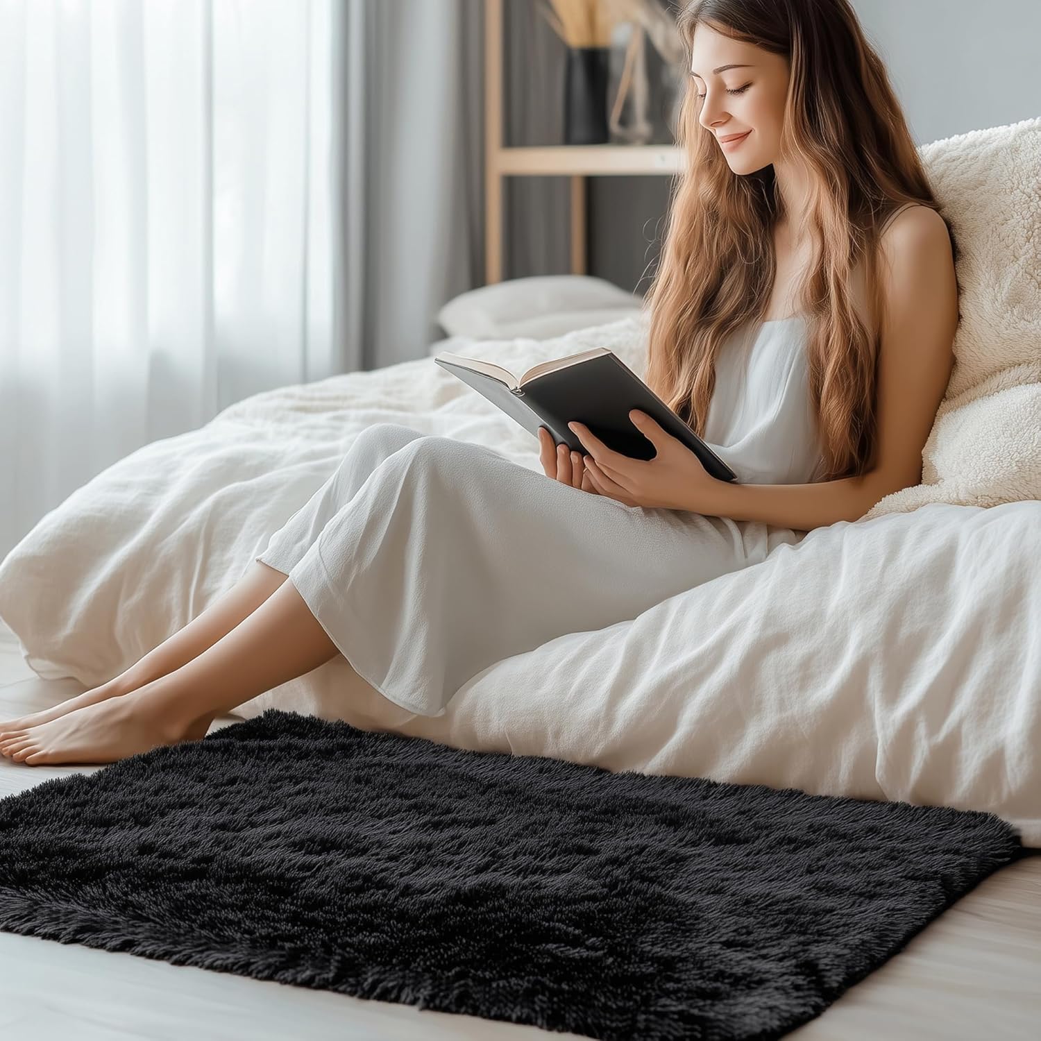 OLANLY Soft Fluffy Shaggy Bedside Rug - Machine Washable 2x3 for Bedroom & Nursery | Black Indoor Carpet