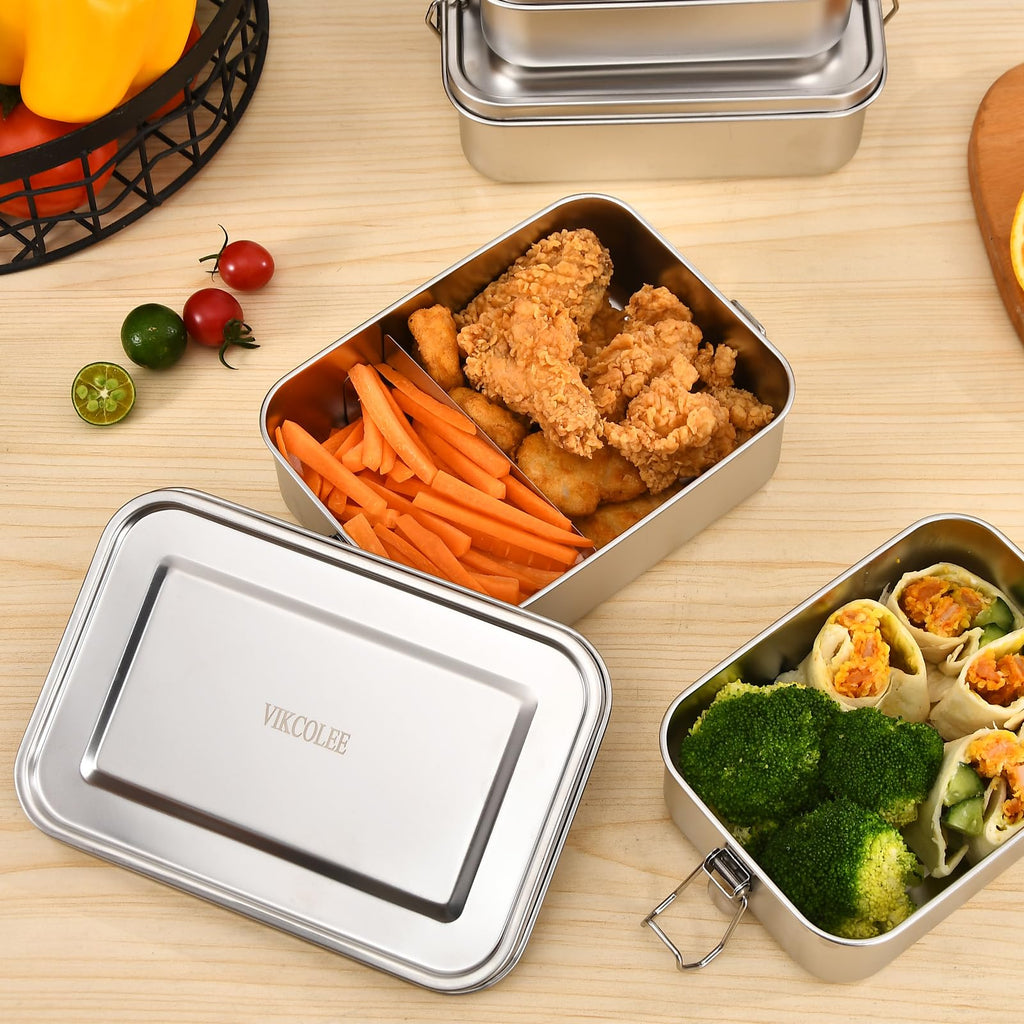 VIKCOLEE 4 PCS Stainless Steel Bento Box 4-Size, Metal Lunch Box, Food Containers, Lunch Container for Home, Work, Camping (550ml+850ml+1400ml+2400ml)