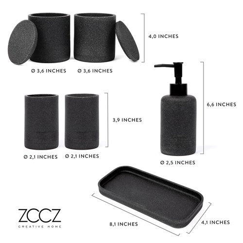 ZCCZ Black Stone Bathroom Accessories Set 6 Pieces - Toothbrush Holder, Lotion Dispenser, Qtip Container, Vanity Tray, Tumbler - Countertop Organizer for Bathrooms - Elegant and Functional Décor Set