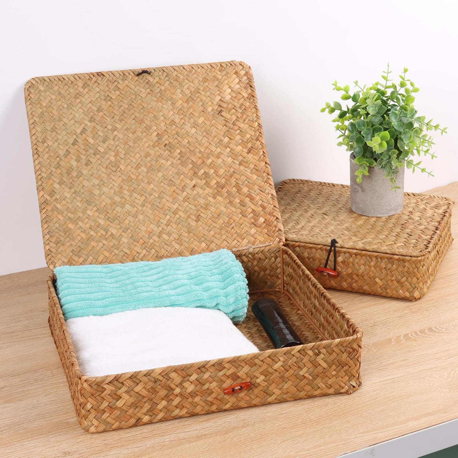 Moosky Wicker Shelf Baskets - Seagrass Storage Bins with Lids | Natural Set of 2 for Home Organization