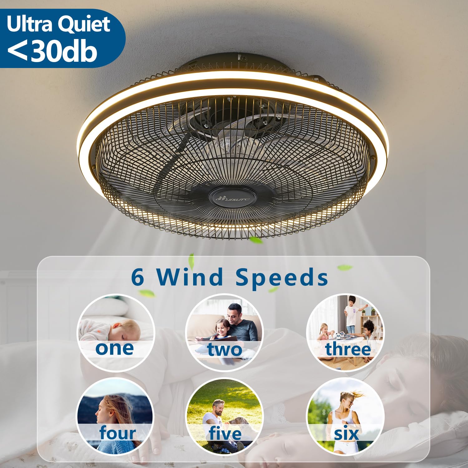 HuixuTe 21 in Modern Ceiling Fan with Light Remote Control, 3 Colors 3 Speeds Enclosed Low Profile FUSH Mount Ceiling Fan with Light for Bedroom Living Room