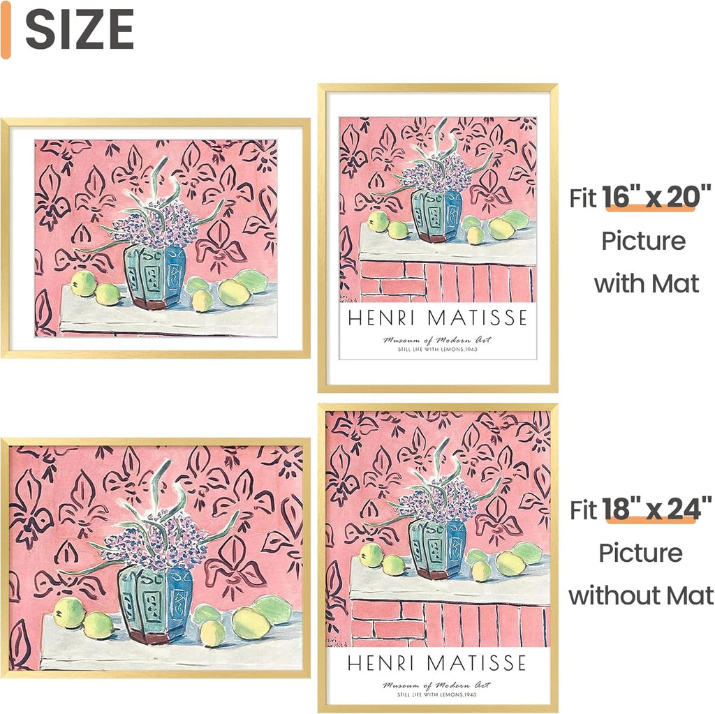 Upsimples 18x24 Picture Frame - Elegant Gold Design for 16x20 Photos with Mat or 18x24 Without