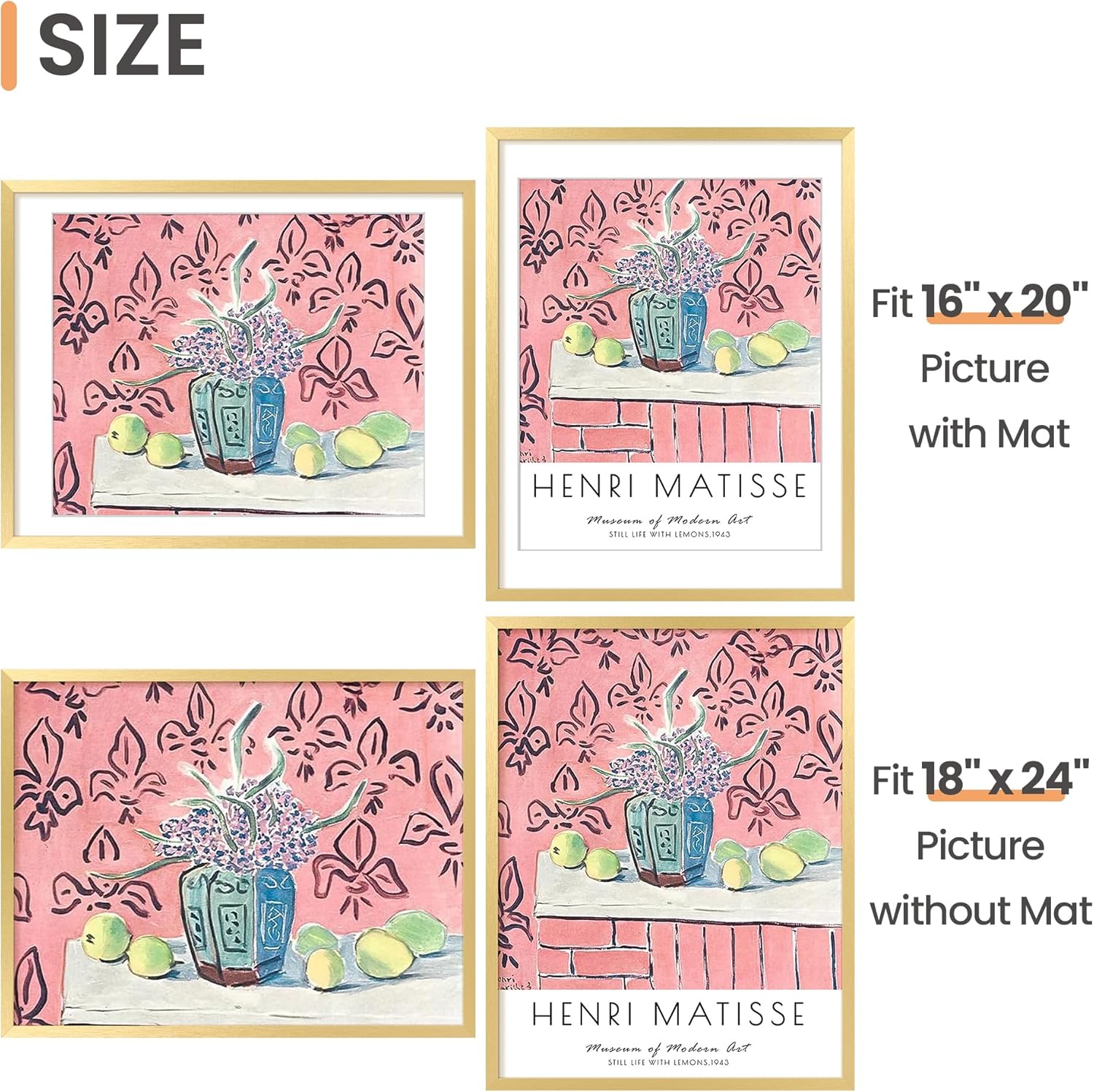 Upsimples 18x24 Picture Frame - Elegant Gold Design for 16x20 Photos with Mat or 18x24 Without