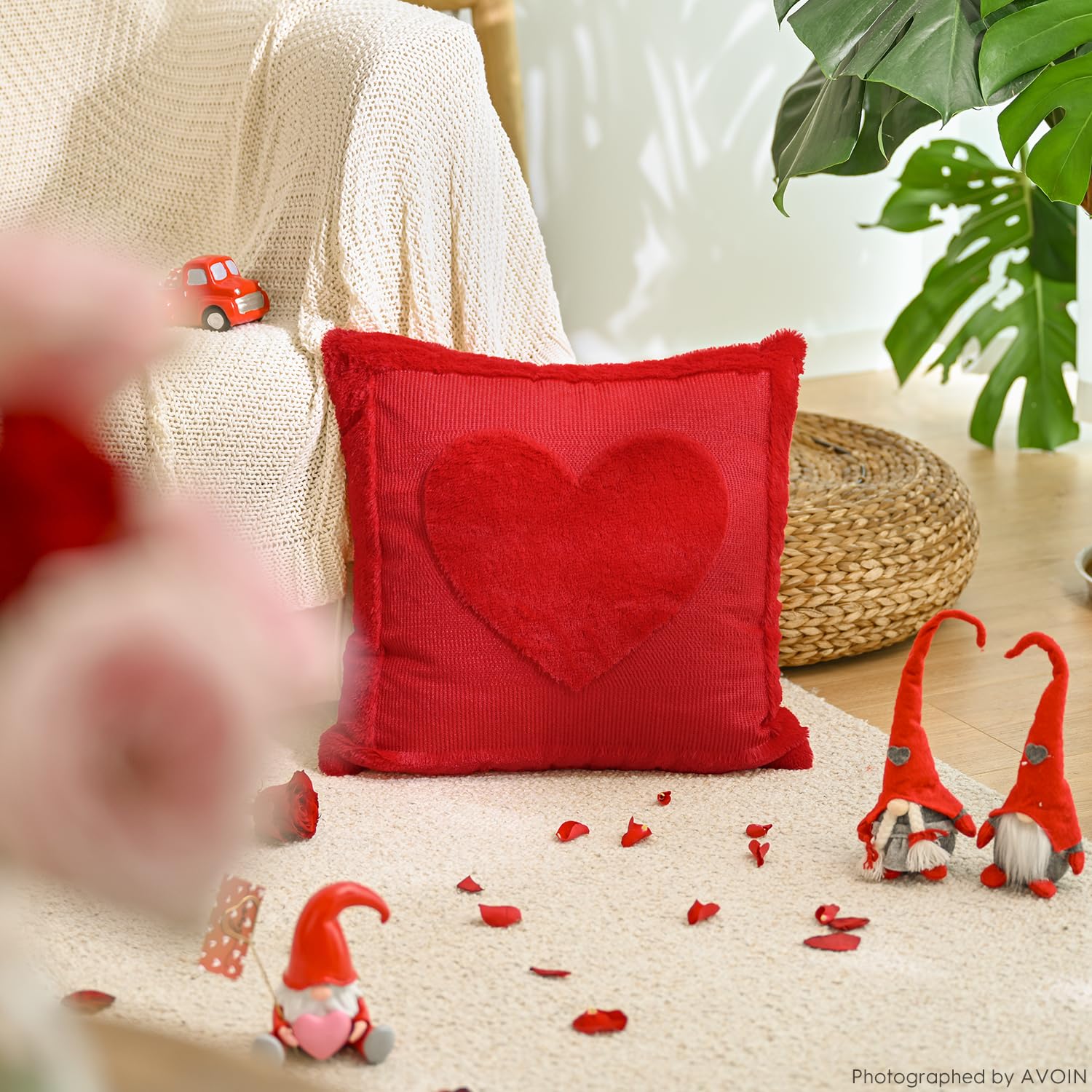 AVOIN colorlife Valentine's Day Love Heart Red Throw Pillow Covers, 18 x 18 Inch Anniversary Wedding Gift Home Decor Soft Plush Faux Fur Jacquard Cushion Case for Sofa Couch Set of 2
