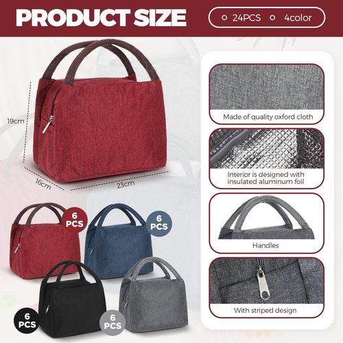 Chunful 24 Pcs Lunch Bags Bulk Insulated Reusable Lunch Bags Leakproof Tote with Aluminum Foil Interior Waterproof Thermal Tote for Women Adult Office Work Back to School Employees Picnic(Multi Color)