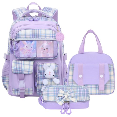 NSEQB Girls Backpack Set With Lunch Bag and Multi-Compartment Pencil Case,Cute Girls School Backpack For Kids,Childrens Schoolbag For Kindergarten Elementary Primary（Purple-3PCS）