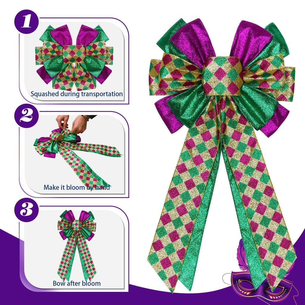 2 Pcs Mardi Gras Bows for Wreaths Decorations,12”x20” Large Glitter Tree Topper Bow Decor for Holiday Party Wall Home Front Door Float Golf Cart Gold Green Purple
