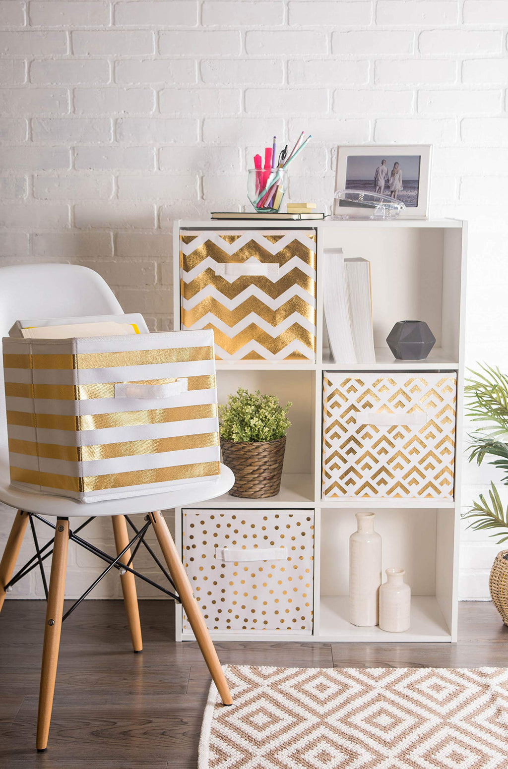 DII Non Woven Polyester Storage Bin, Polka Dot, White & Gold, Small Set of 4