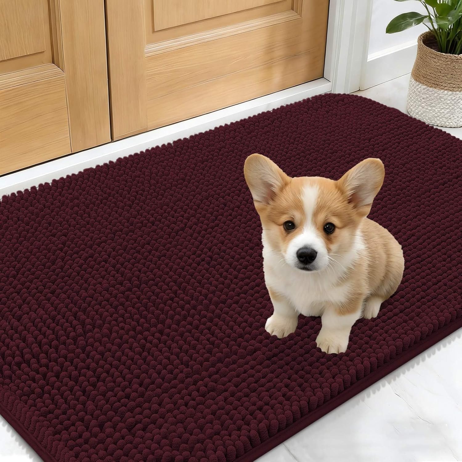 OLANLY Dog Door Mat - Absorbent Non-Slip Chenille Mat for Muddy Paws | 30x17 Inches, Quick Dry, Russet