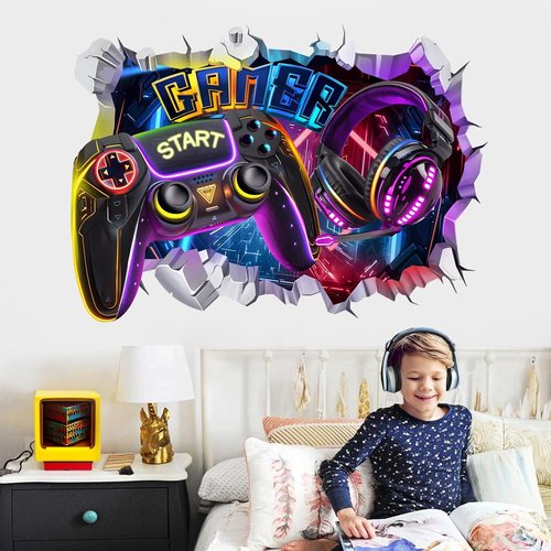 Decalmile Large 3D Game Wall Decals - Gamer Controller & Joystick Stickers for Teen Bedrooms | Playroom Decor