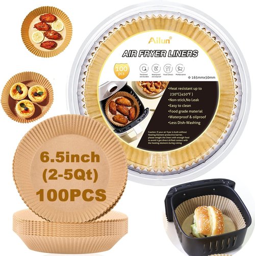 Ailun Air Fryer Paper Liners - 100PCS Non-Stick Parchment, Oil Resistant, 6.5 Inch for 2-5 QT Air Fryers
