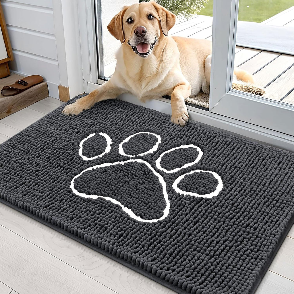 OLANLY Dog Door Mat - Absorbent Non-Slip Mud Mat for Muddy Paws | 36x24 Dark Grey Chenille Design