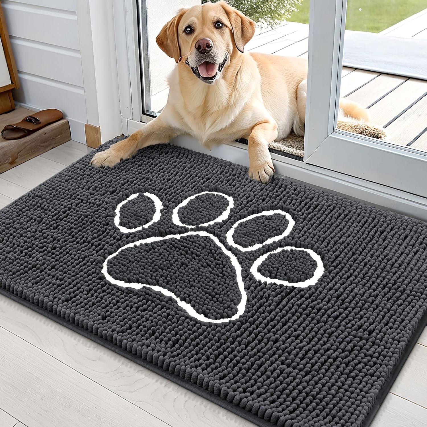 OLANLY Dog Door Mat - Absorbent Non-Slip Mud Mat for Muddy Paws | 36x24 Dark Grey Chenille Design