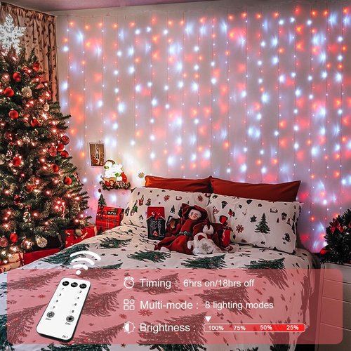 JMEXSUSS 300LED Christmas Curtain Lights - Red & White Twinkle Fairy Lights, 9.8x9.8ft with Remote