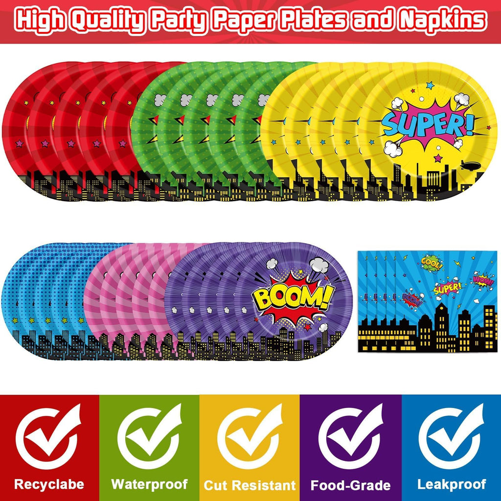 96Pcs Super Theme Hero Party Plates and Napkins Forks for Comic Heroes Birthday Decorations Hero's Action Sign Cityscape Buildings Tableware Set for 24 Guests Birthday Party Supplies Favors
