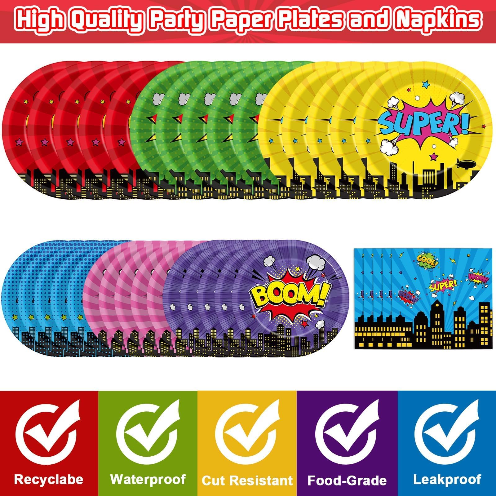 96Pcs Super Theme Hero Party Plates and Napkins Forks for Comic Heroes Birthday Decorations Hero's Action Sign Cityscape Buildings Tableware Set for 24 Guests Birthday Party Supplies Favors