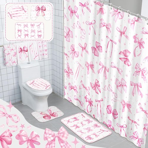 FuWeave 8-Piece Pink Bow Shower Curtain Set - Cute Coquette Bathroom Decor with Towels, Bath Mat & Hooks