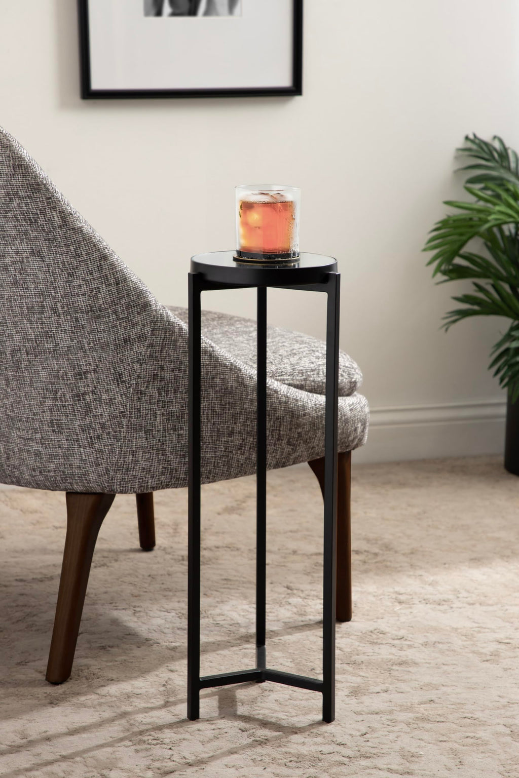 Kate and Laurel Aguilar Modern Mirrored Round Drink Table, 9 x 9 x 23, Black, Metal Accent Table with Mirrored Tabletop and for Use as Small Plant Stand