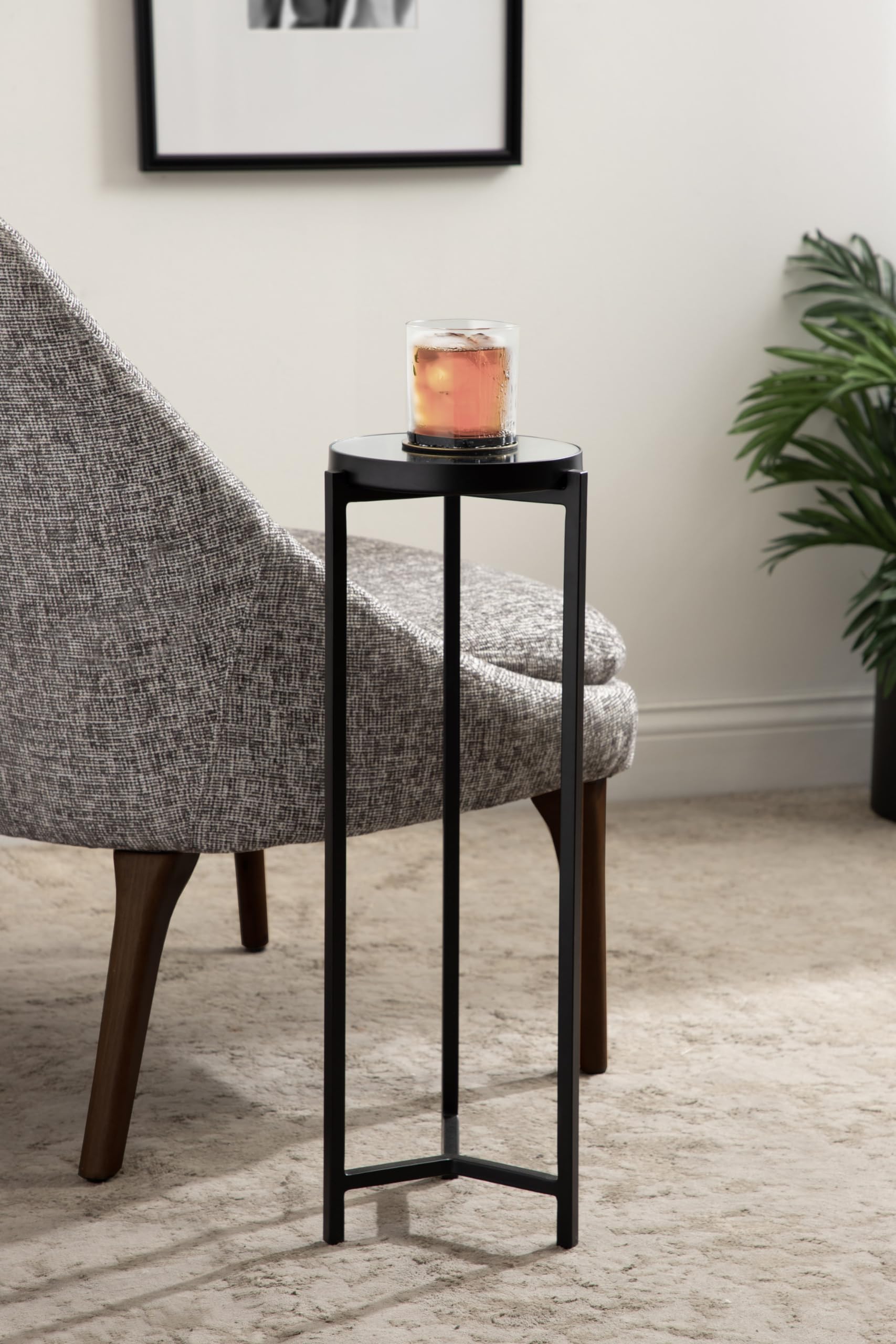 Kate and Laurel Aguilar Modern Mirrored Round Drink Table, 9 x 9 x 23, Black, Metal Accent Table with Mirrored Tabletop and for Use as Small Plant Stand