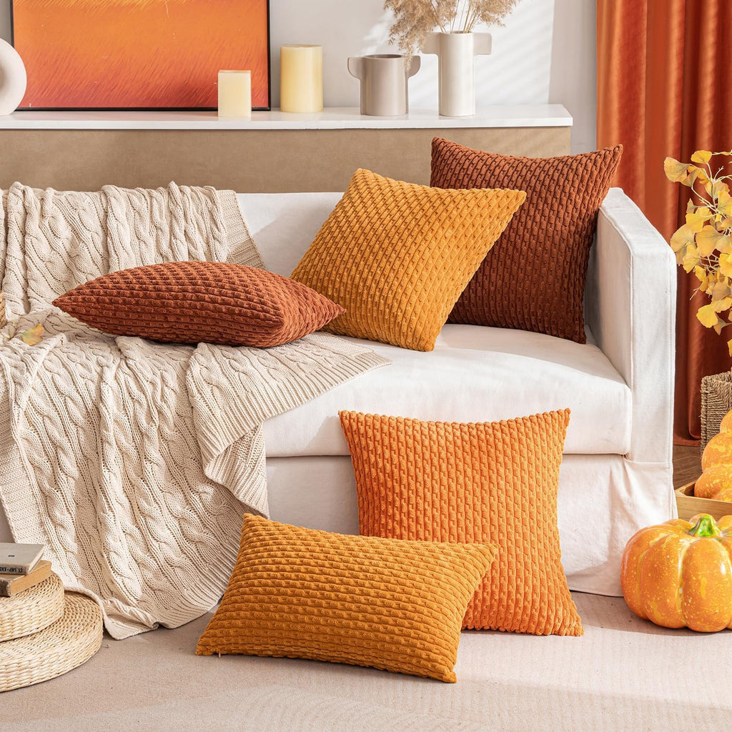 MIULEE Throw Pillow Covers - Soft Corduroy Boho Striped Decorative Pillowcases | Set of 2, 18x18 Inch, Rust